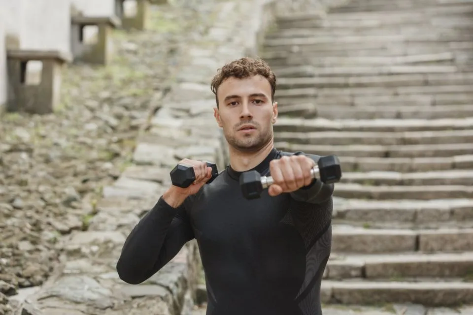 Persona entrenando con mancuernas al aire libre